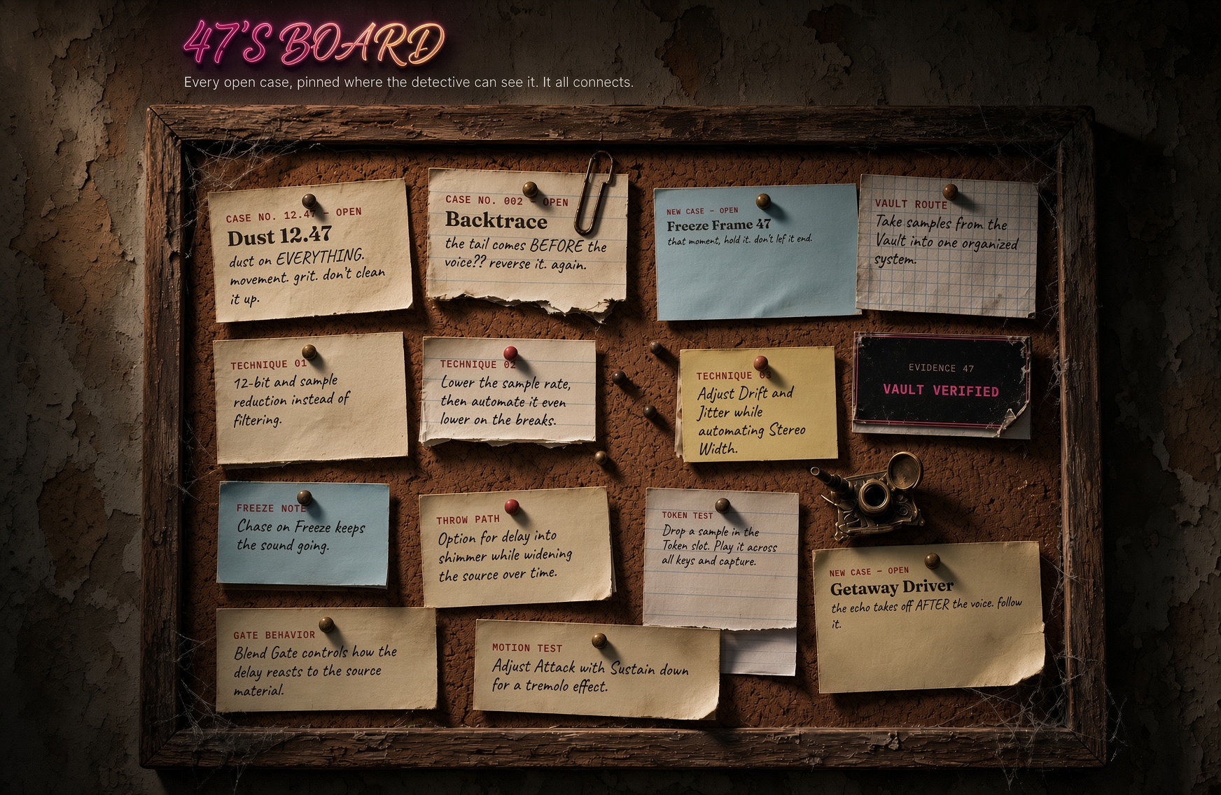 47's Board: four open plugin cases and nine production techniques pinned across a weathered noir evidence board
