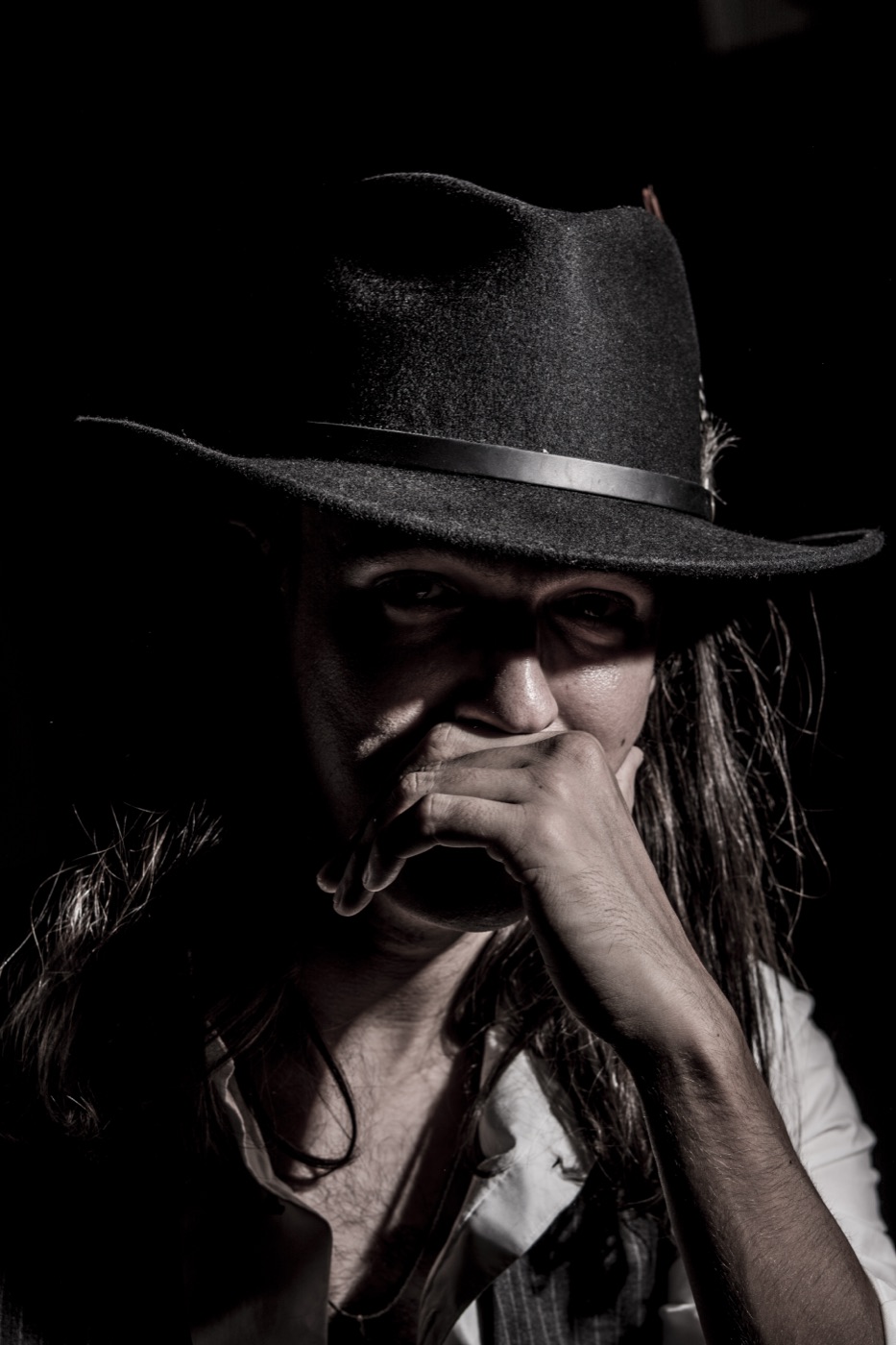 Detective 47 — noir portrait, hat brim low