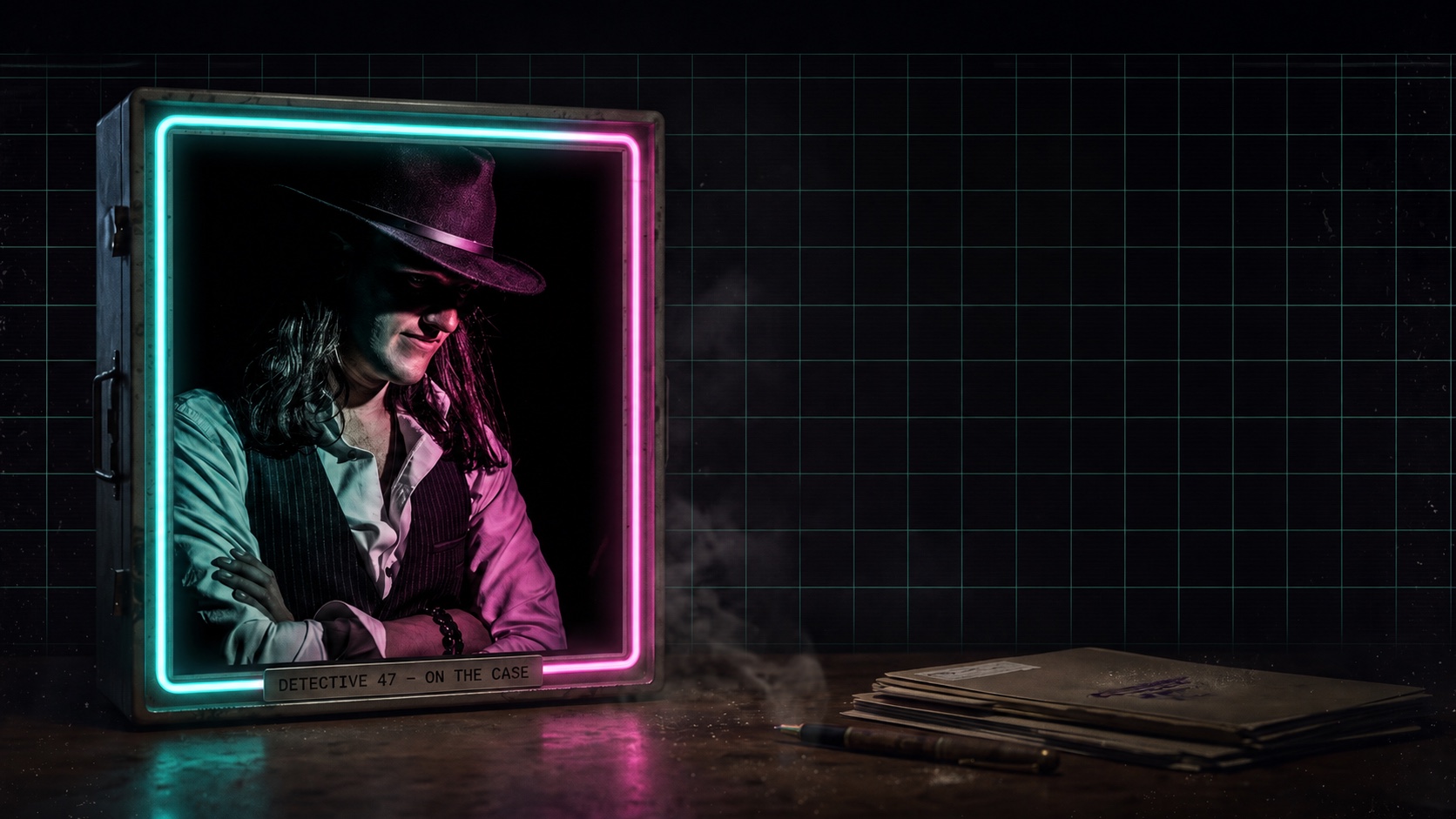 Detective 47 framed in cyan and magenta neon beside a noir evidence desk
