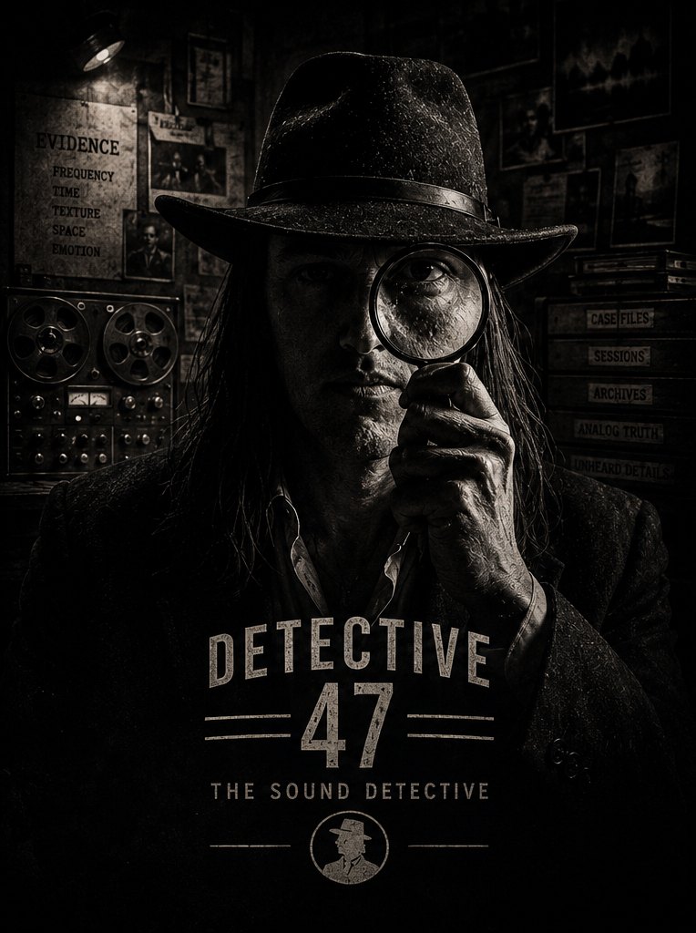 Detective 47 — noir portrait, examining the evidence through a magnifying glass in a dusty analog studio
