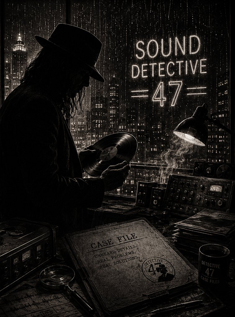 Detective 47 examining a vinyl record in the evidence room, rain on the window, SOUND DETECTIVE 47 in neon
