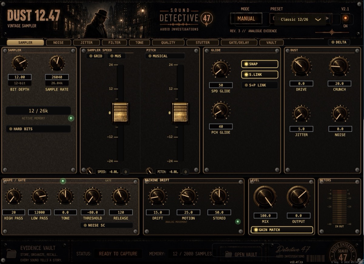 The Dust 12.47 interface: sampler speed and pitch faders on the left, the dust row of bit depth, sample rate, drive and crunch, jitter and noise, gate, shape, machine drift and level sections, with the folder shelf and Vault below