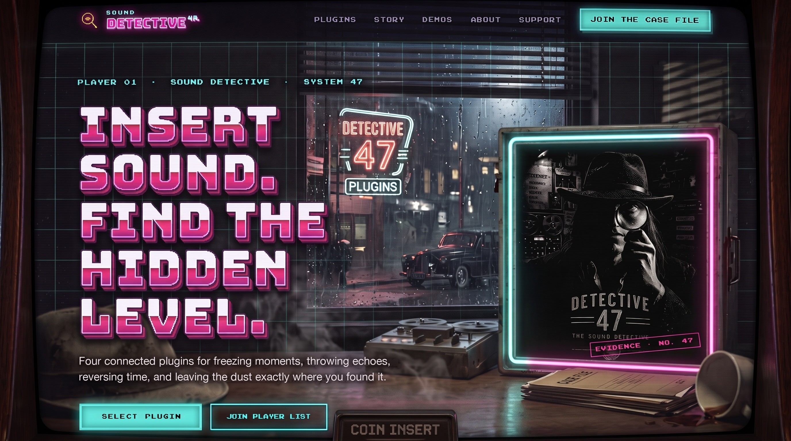 A rain-soaked noir studio with a neon Detective 47 sign, reel-to-reel machine, case file, and cyan-and-magenta framed detective display